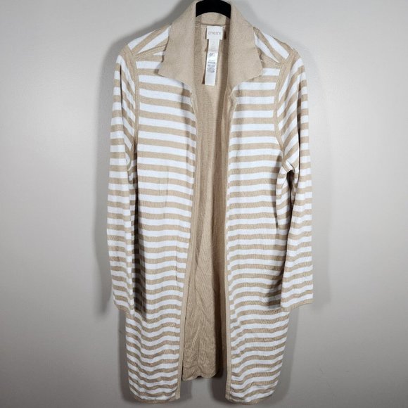 Chico's Sweaters - Chicos Cardigan Sweater Womens 2 Large Beige Striped Long Duster Coat Nautical